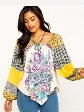 Free People Positano Print Boho On/Off Shoulder Blouse SzS